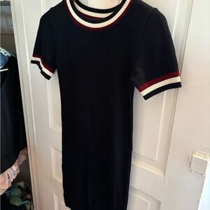 Chic Black Knit Dress with Striped Trim